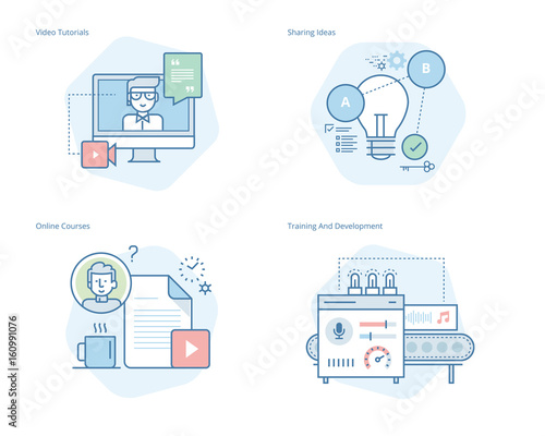 Set of concept line icons for education, video tutorials, online courses, training and development, sharing ideas. UI/UX kit for web design, applications, mobile interface, print design. 