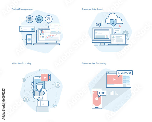 Set of concept line icons for project management, business data security, video conferencing, business live streaming. UI/UX kit for web design, applications, mobile interface, print design. 