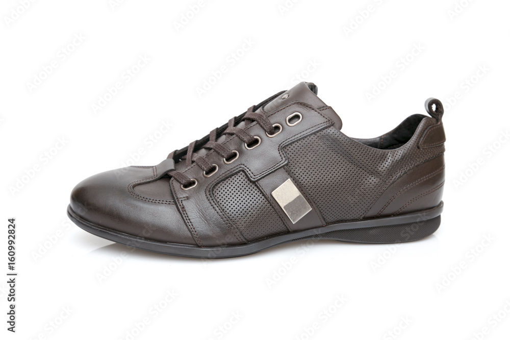 Male Brown Shoe on White Background, Isolated Product, Top View, Studio. Male Brown Shoe on White Background, Isolated Product, Top View, Studio.