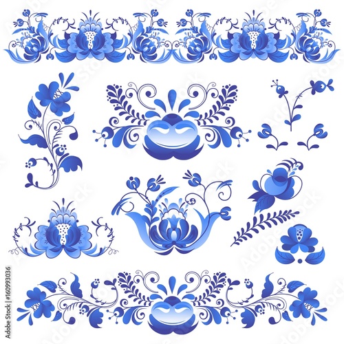 Russian ornaments art gzhel style painted with blue on white flower traditional folk bloom branch pattern vector illustration. photo