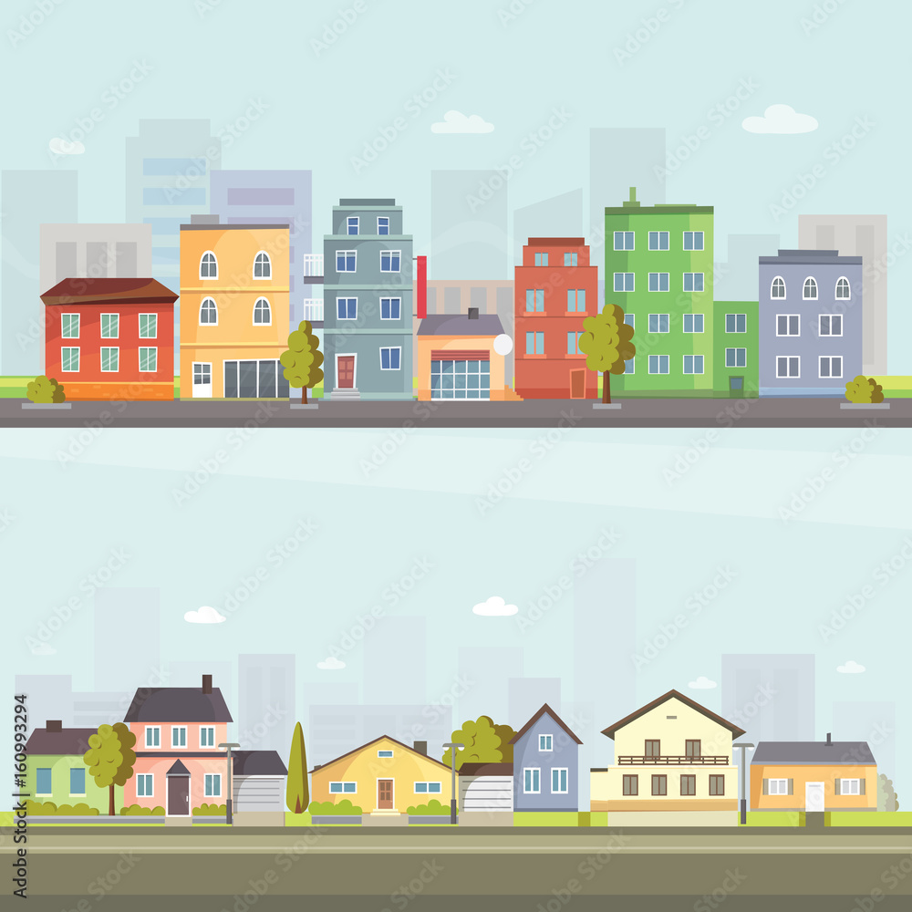 City outdoor day landscape house and street buildings outdoor cityspace disign vector illustration modern flat background