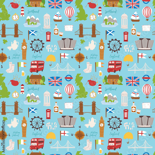United kingdom Great Britain travel tourism vacation vector illustration seamless pattern