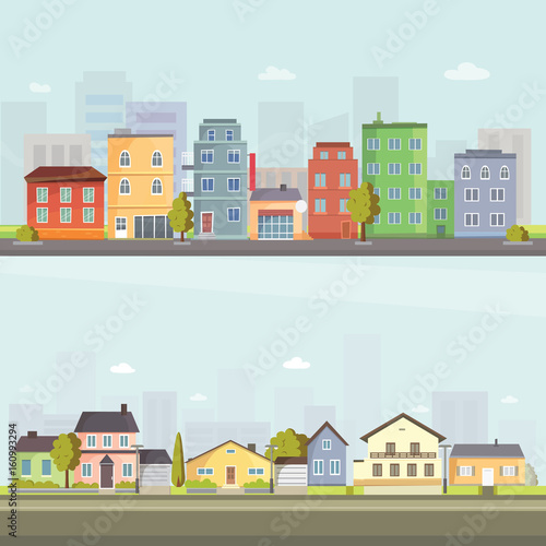 City outdoor day landscape house and street buildings outdoor cityspace disign vector illustration modern flat background photo