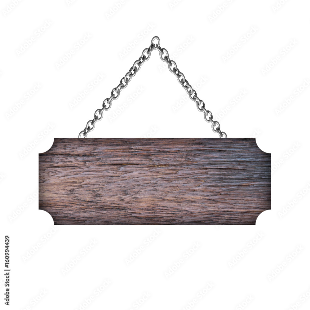 Wooden sign hanging on a chain isolated on white Wooden sign hanging on a chain isolated on white