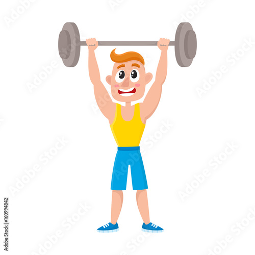 Young man doing shoulder press with barbell, training, weightlifting in gym, cartoon vector illustration isolated on white background. Cartoon man, guy training with barbell, bodybuilding in gym