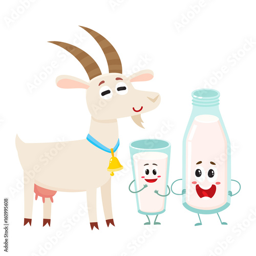 Funny farm goat and milk bottle characters with smiling human faces, cartoon vector illustration isolated on white background. Cute and funny goat and milk bottle characters, standing and smiling
