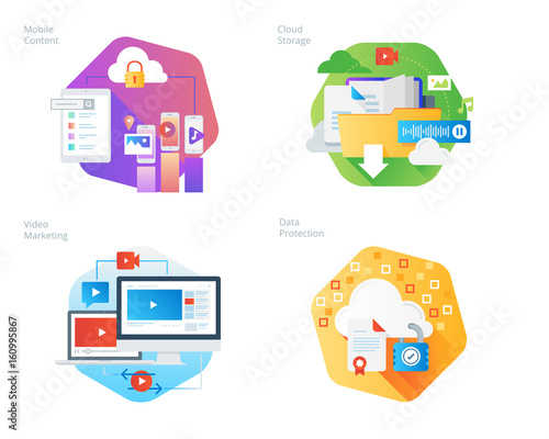 Material design icons set for mobile services and solutions, cloud storage, video marketing, data protection. UI/UX kit for web design, applications, mobile interface, infographics and print design. 