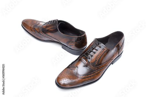 Male Brown Shoe on White Background, Isolated Product, Top View, Studio. 