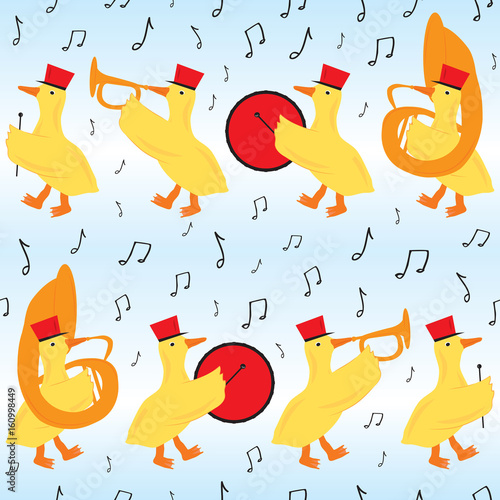 Duck Marching Band Seamless Pattern - A repeating pattern of ducks with marching band instruments.