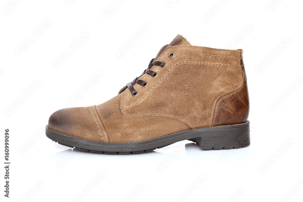 Male Brown Boot on White Background, Isolated Product, Top View, Studio. Male Brown Boot on White Background, Isolated Product, Top View, Studio.