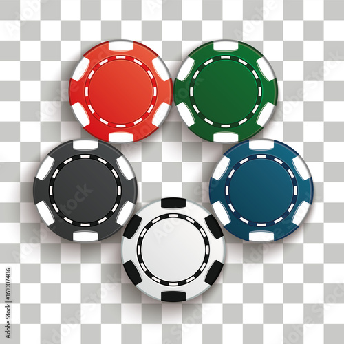 Set of casino chips with shadow. Poker chips realistic layout. Colorful. Set of casino chips black, white, red, blue, green. Vector illustration