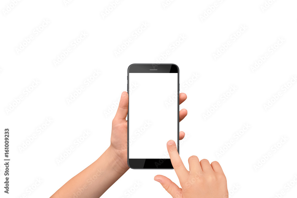 A boy using smartphone isolated on white background