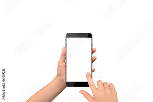 A boy using smartphone isolated on white background