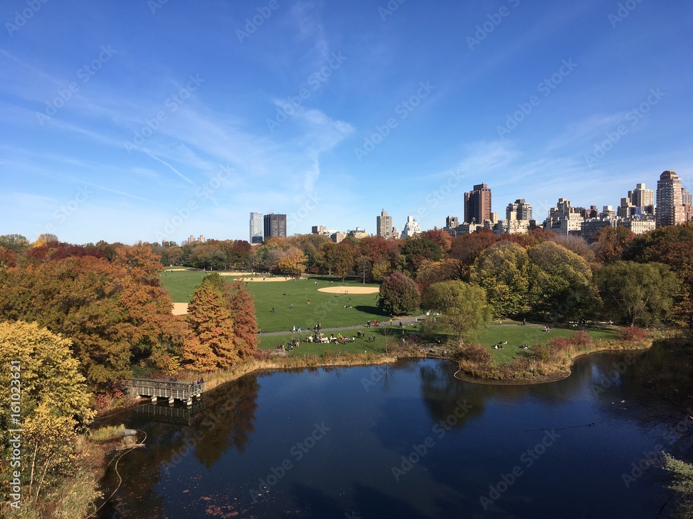 View of Turtle Pond and the Great Lawn in Central Park from Belvedere Castle on a clear summer day.  Blue skies a few clouds. View of Central Park New York.