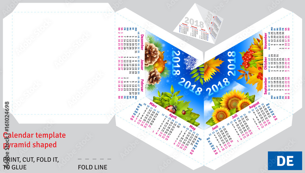 Fototapeta premium Template german calendar 2018 by seasons pyramid shaped, vector background