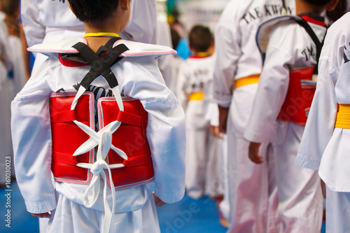 Taekwondo athlete in white uniform with armour