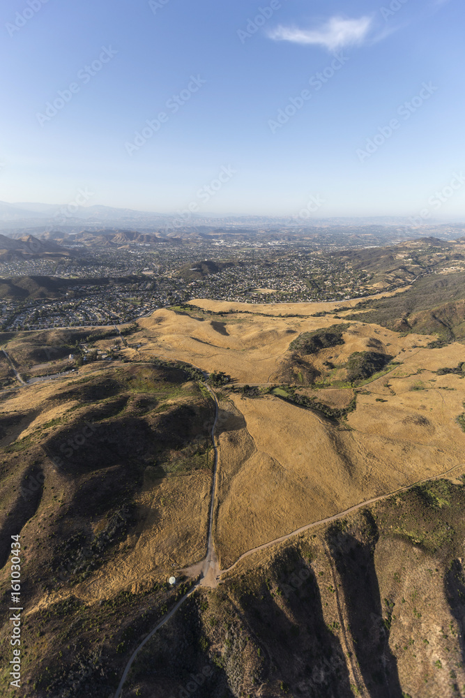 Aerial of Thousand Oaks, Newbury Park and the Santa Monica Mountains National Recreation Area near Los Angeles, California.