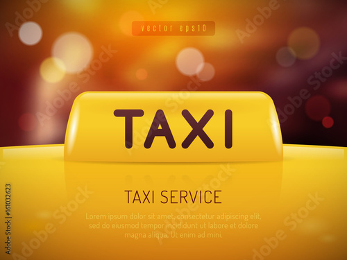 Taxi cab sign on the roof of the yellow car with blurred background showing night city lights vector illustration