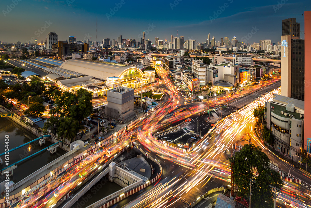Cityscape And Traffic On Road Near Bangkok Railway Station At Twilight
