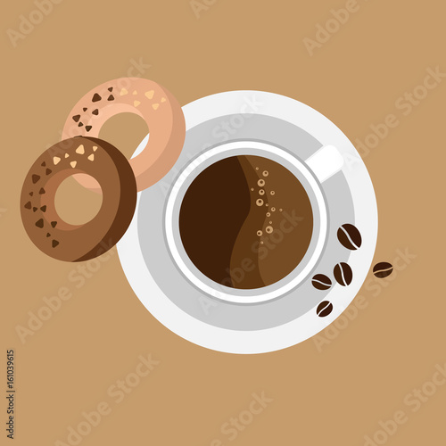 Cup of coffee on brown background. Cookies and coffee grains nearby