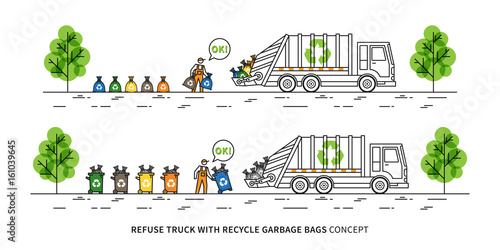 Refuse truck with recycle garbage bags vector illustration. Dustman takes out rubbish bins and bags to garbage truck line art concept. Refuse collector removes garbage graphic design.