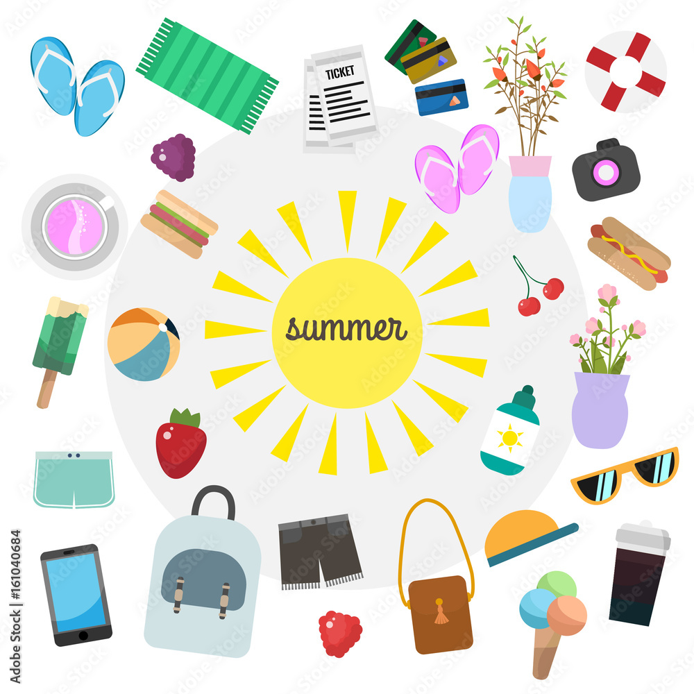 Illustration with summer stuff in bright colors. Big set of summertime icons on light background