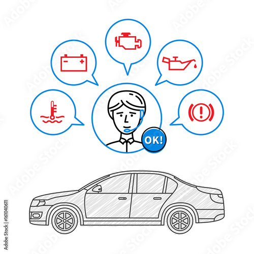 Car maintenance manager vector illustration. Car technical assistant concept with warning signs (check engine, oil pressure, generator, coolant level, brake system). photo