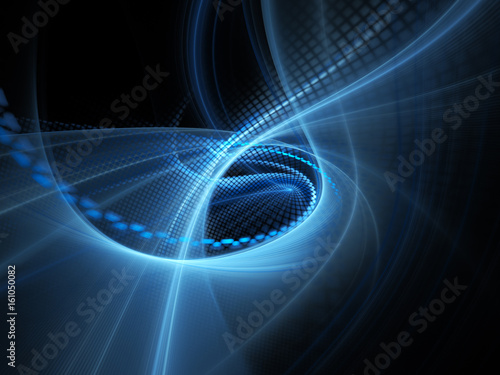 Abstract background element. Fractal graphics. Dynamic composition of curves, blurs and halftone effect. Blue and black colors.