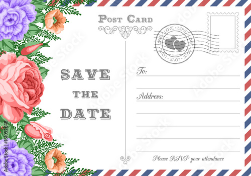 Vintage postcard wedding invitation template with flowers. Save the Date card. Vector Illustration