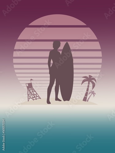 Woman posing with surfboard. Vector illustration. Vintage Surfing Graphic and Emblem for web design or print. Lifeguard tower and palm tree