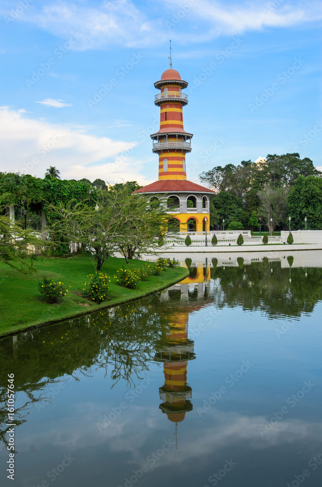 The Royal Residence (Phra Thinang) and Sages Lookout Tower (Ho Withun Thasana) of the Thai royal Summer Palace of Bang Pa-in near Ayutthaya and Bangkok