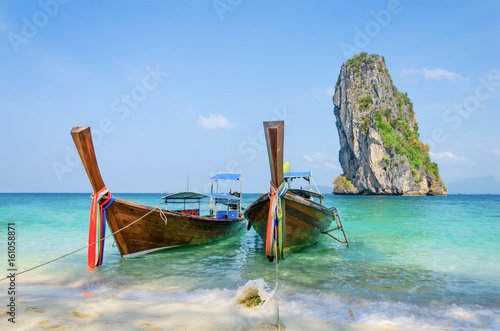 Long-tail Taxi boat on the beautiful beach, krabi, Thailand