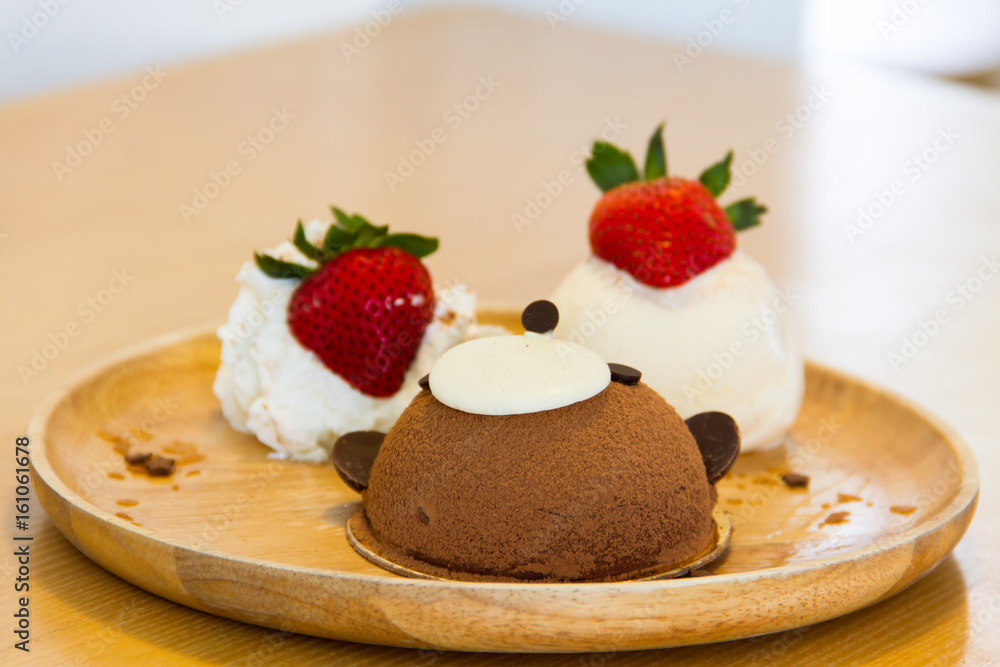 Chocolate cake with ice cream and strawberry Chocolate cake with ice cream and strawberry