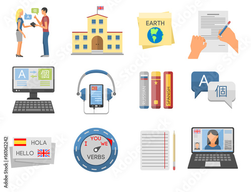 Vector illustration icons for educational programs languages distance education online learning
