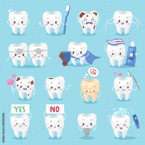 Fototapeta Naklejka Na Ścianę i Meble -  Tooth character personage dental clinic mascot with a toothbrush smiling different human pose vector illustration