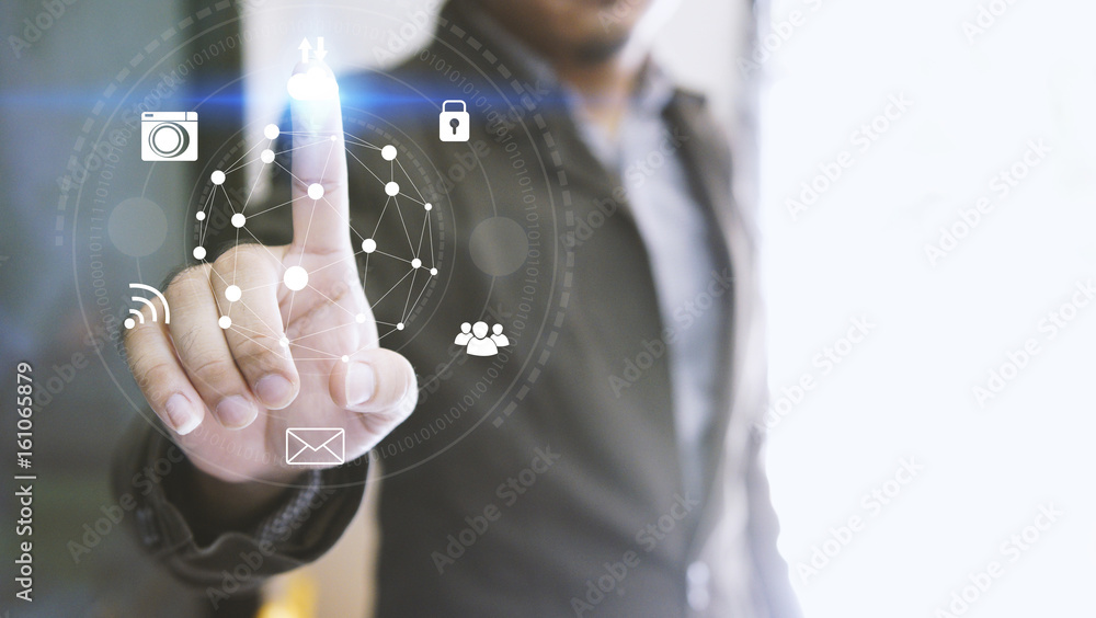Businessman touch screen icons . Cloud computing concept Businessman touch screen icons . Cloud computing concept