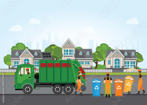 City waste recycling concept with garbage truck and garbage collector.