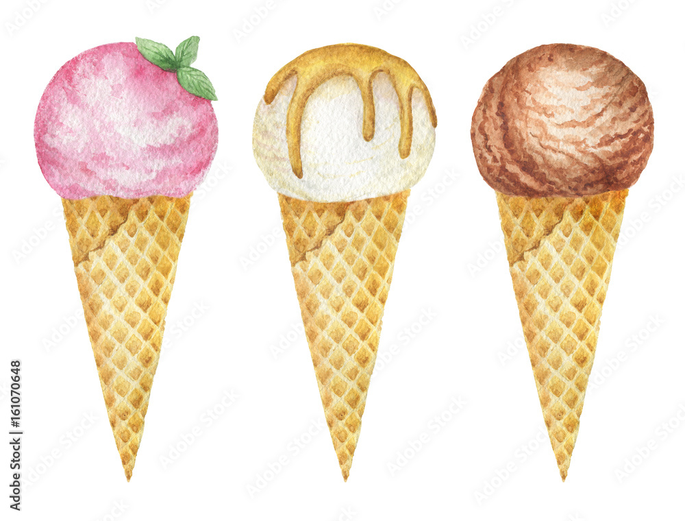 Watercolor ice cream cones with chocolate, vanilla and fruit.