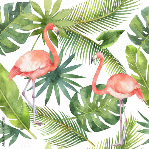 Fototapeta Akwarela bezszwowe wzór z flamingo i palmy na białym tle.