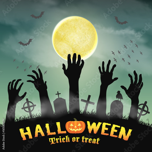 halloween silhouette zombie hand in night graveyard