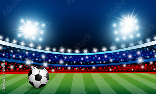 Vector soccer ball on green grass in the stadium with light