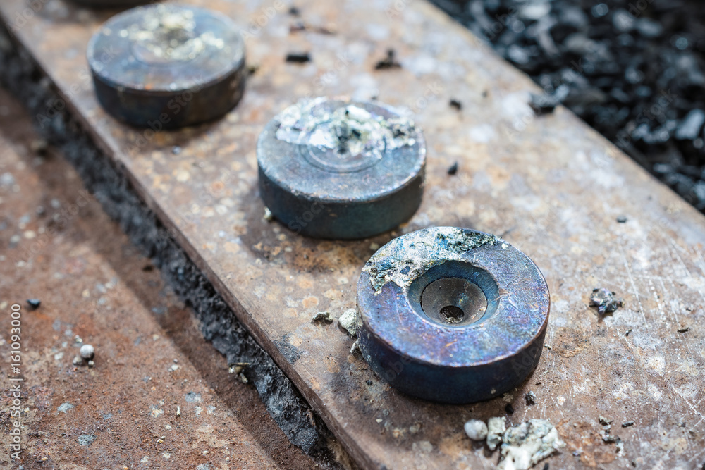 Industrial tinning of wire. Bath with molten solder Industrial tinning of wire. Bath with molten solder