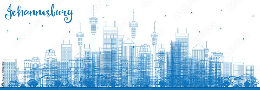 Outline Johannesburg Skyline with Blue Buildings.