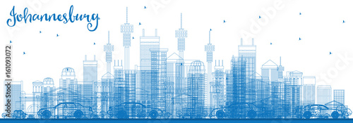 Outline Johannesburg Skyline with Blue Buildings.