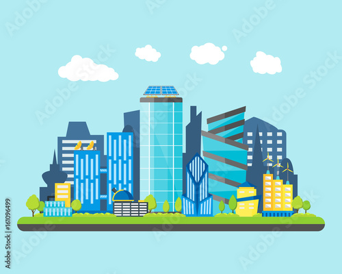 Cartoon Future City on a Landscape Background. Vector