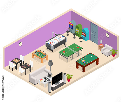 Interior Game Room Isometric View. Vector