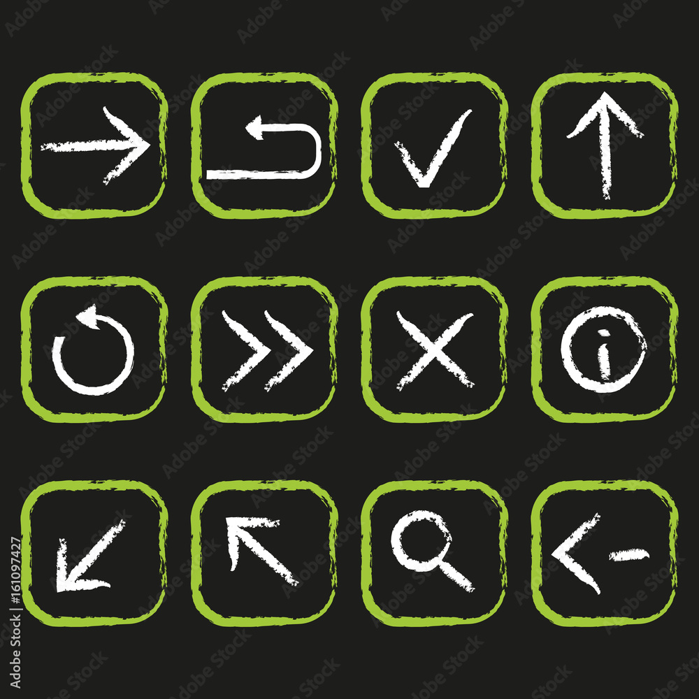 Set of web navigation icons. Square buttons with UI elements. Chalk hand drawn signs. Set of web navigation icons. Square buttons with UI elements. Chalk hand drawn signs.