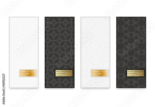 Set of chocolate packaging in trendy geometric linear style. Black, milk, almond and white types