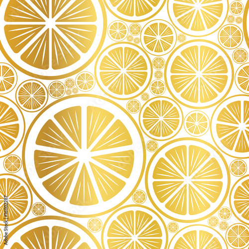 Golden seamless background with orange and lemon slices