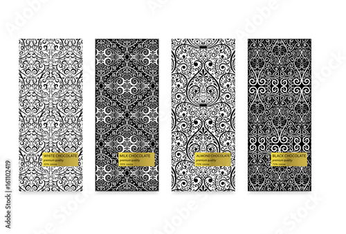 Set of chocolate packaging in trendy geometric linear style. Black, milk, almond and white types